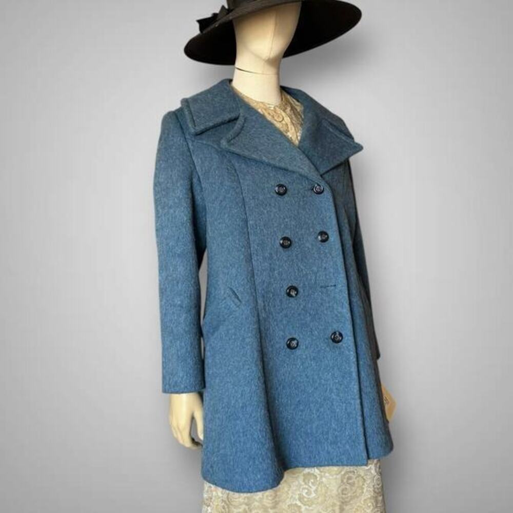1970s Mod Blue Wool Double Breasted Pea Coat Dramatic Collar Med Vintage Jacket